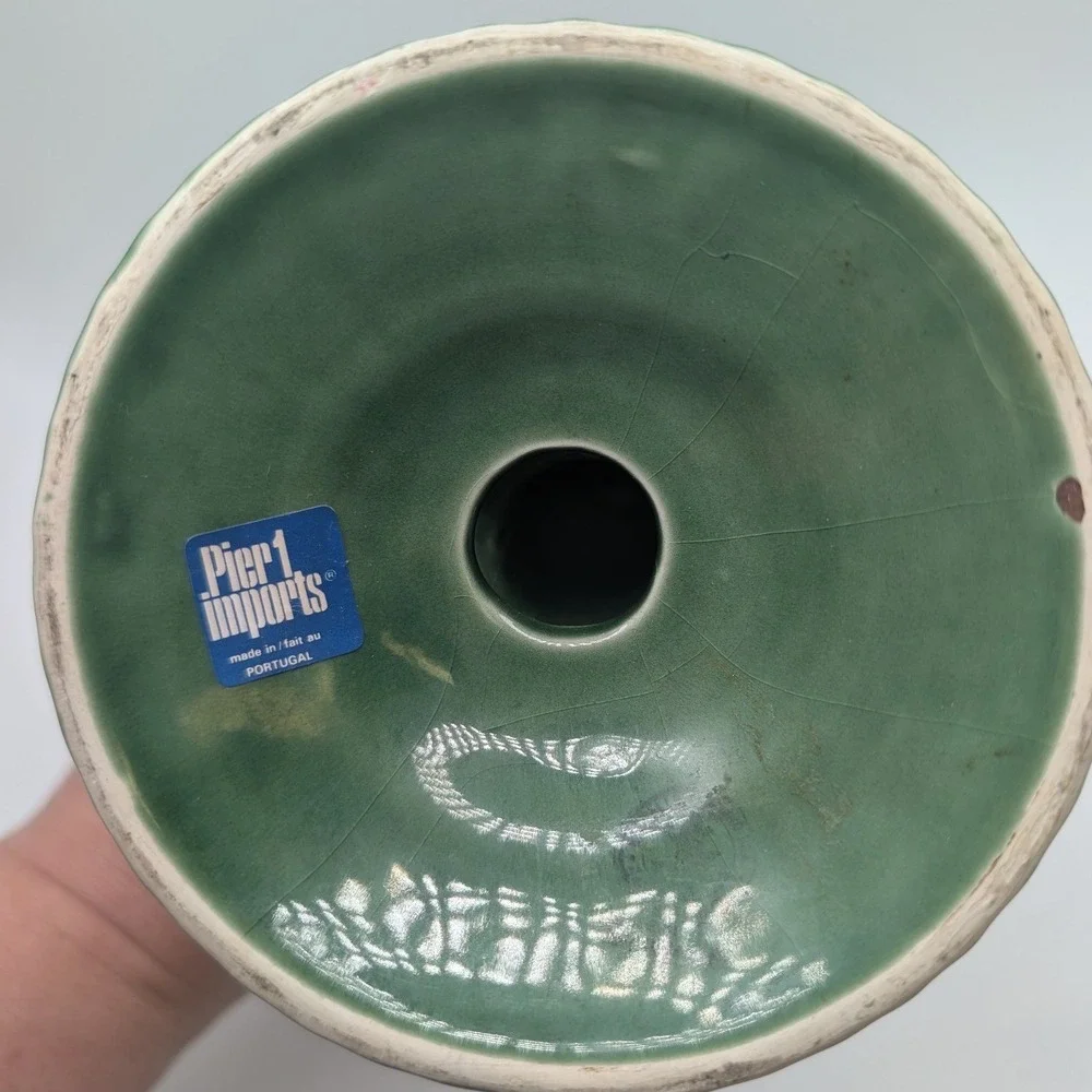 Vtg Pier 1 Imports Ceramic Candlestick Holder Green Check Leaf Plant Portugal 9
